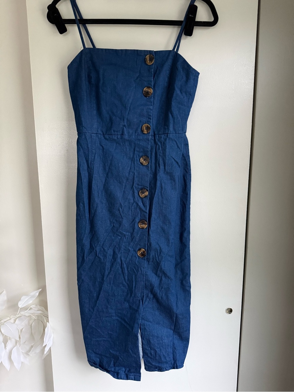 Blue Button-Front Midi Dress with Spaghetti Straps